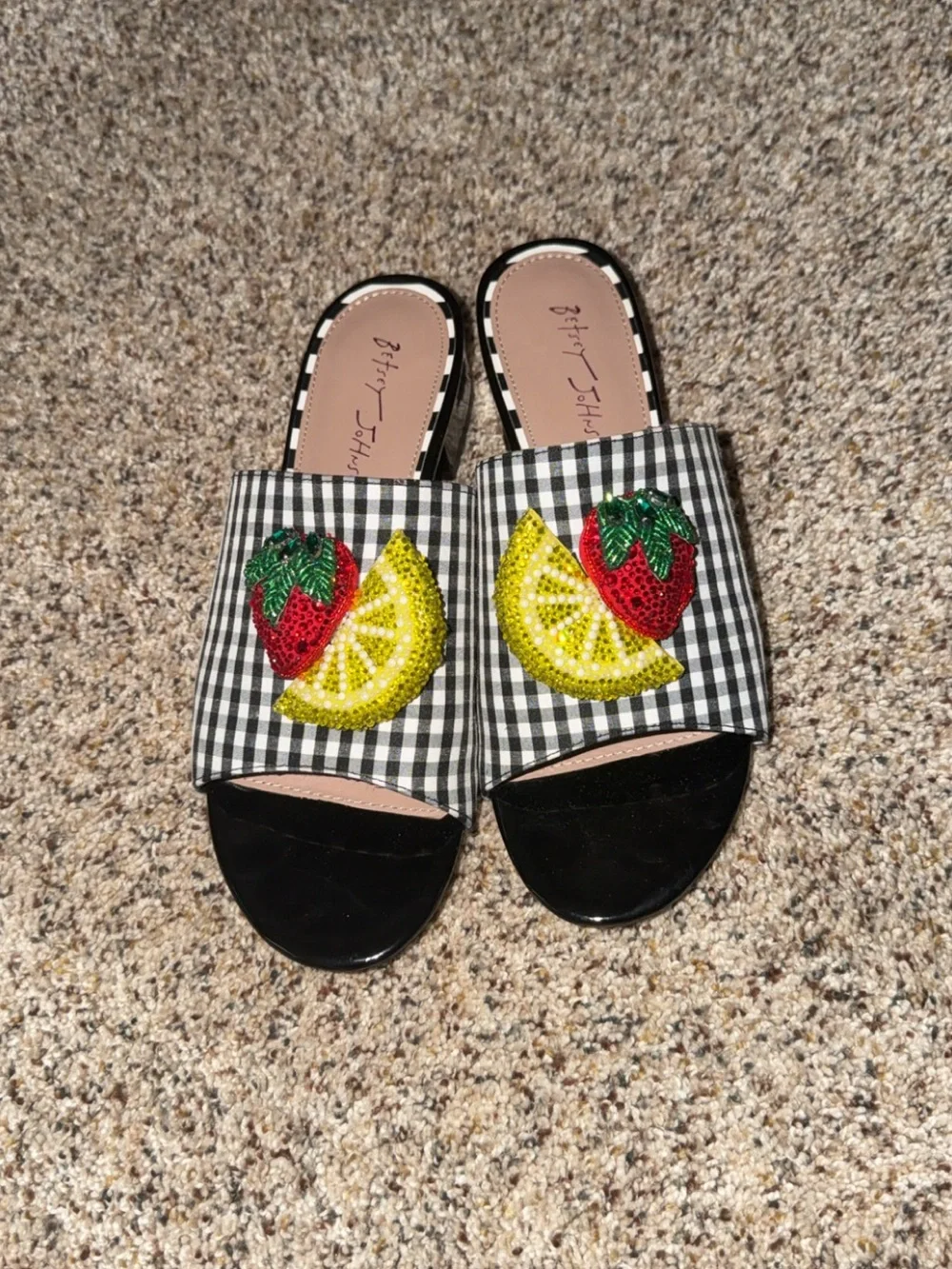 Betsey Johnson Black Gingham Sequin Fruit Slide Mules